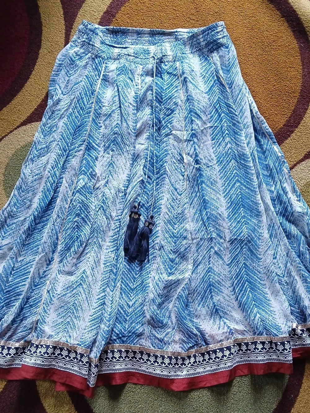 Soft Surroundings Blue Printed A-Line Maxi Skirt with Tassel Detail